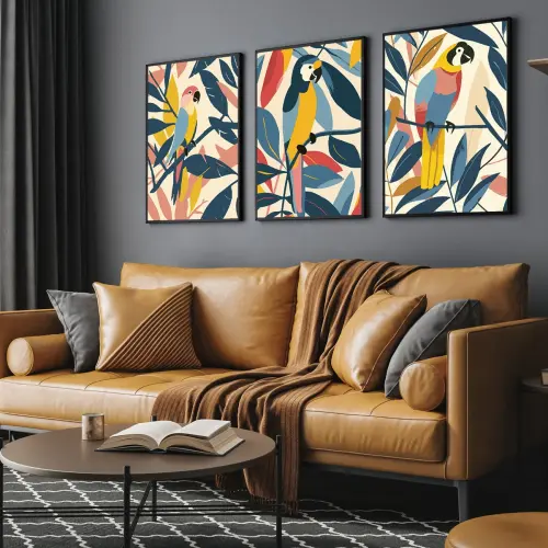 kit 3 quadro decorativo araras pássaros galhos sala quarto decor