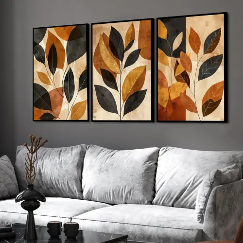 kit 3 quadro decorativo folhas laranja folhas coloridas gold colorido luxo decor sala escritório com molduras