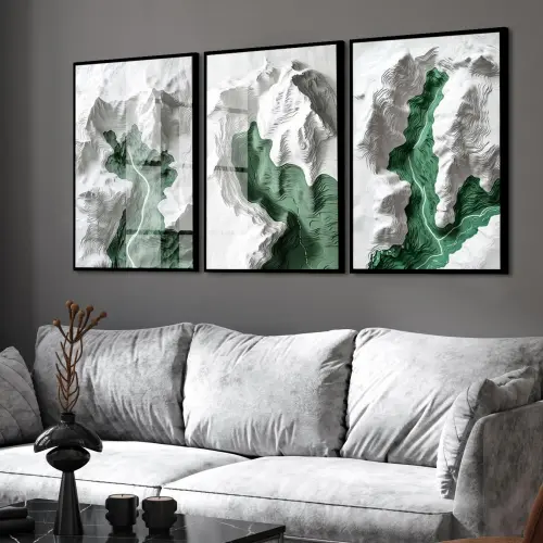 kit 3 quadro decorativo abstrato verde cinza gold luxo sala quarto decor pousada casa com molduras