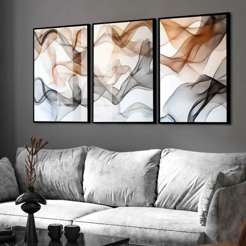 kit 3 quadro decorativo abstrato colorido linhas trio luxo decor sala escritório com molduras