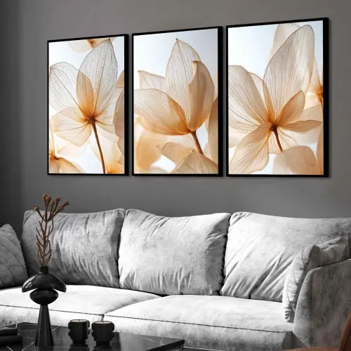 kit 3 quadro decorativo flores claras alaranjadas folhas tons pastéis decor casa sala quarto com molduras