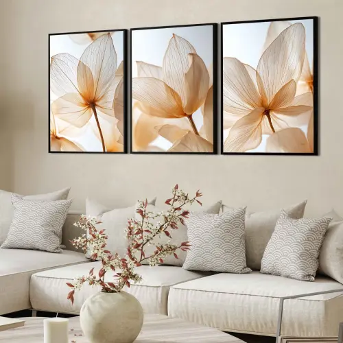 kit 3 quadro decorativo flores claras alaranjadas folhas tons pas