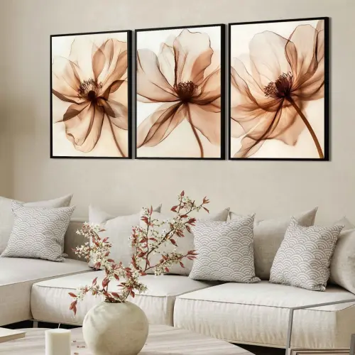 kit 3 quadro decorativo flores claras alaranjadas folhas tons pas