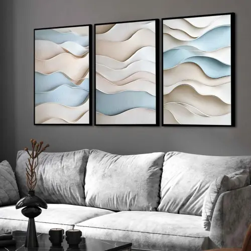 kit 3 quadro decorativo abstrato azul tons listras azuis gold luxo decor sala escritório com molduras