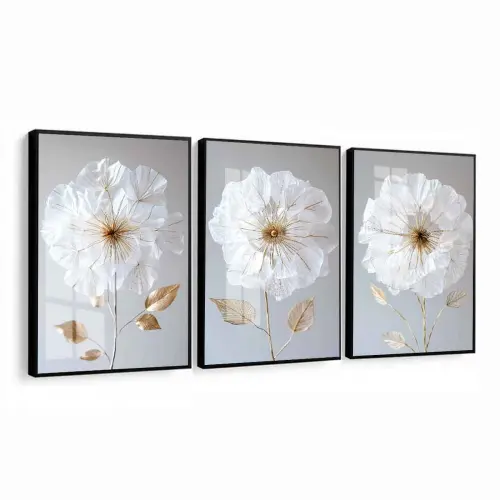 kit 3 quadro decorativo flores brancas folhas tons claros trio de