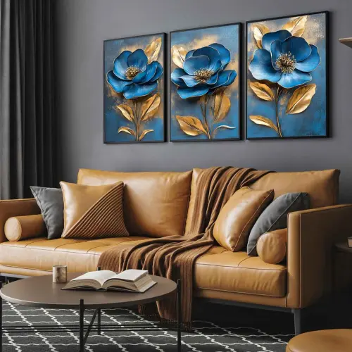 kit 3 quadro decorativo flor azul fashion gold folhas flores azuis trio luxo decor sala escritório com molduras