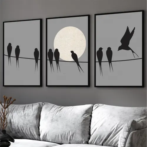 kit 3 quadro decorativo passarinhos galhos luar pássaros sala decor casa com molduras retro