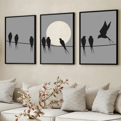 kit 3 quadro decorativo passarinhos galhos luar pássaros sala de