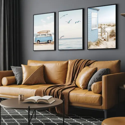 kit 3 quadro decorativo praia boho paisagem praiana decor pousada casa hotel sala quarto kombi viagem com molduras