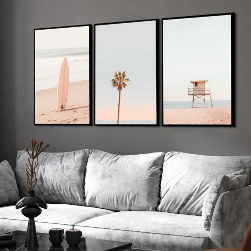 kit 3 quadro decorativo praia boho paisagem praiana decor pousada casa hotel sala quarto surf ondas surfista viagem com molduras