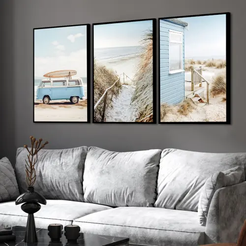 kit 3 quadro decorativo praia boho paisagem praiana decor pousada casa hotel sala quarto kombi viagem com molduras