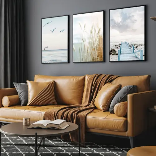 kit 3 quadro decorativo praia boho paisagem praiana decor pousada casa hotel sala quarto deck capim dos pampas viagem com molduras