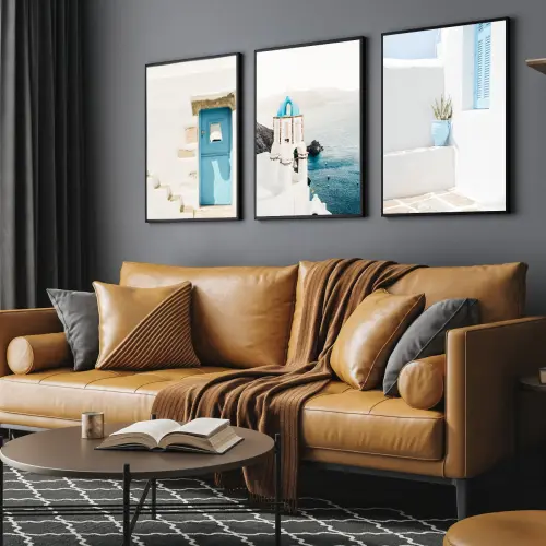 kit 3 quadro decorativo praia boho paisagem praiana decor pousada casa hotel sala quarto casa grega viagem com molduras