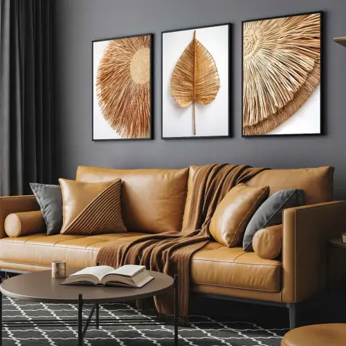 kit 3 quadro decorativo  folhas douradas folhagem dourada luxo decor sala escritório com molduras