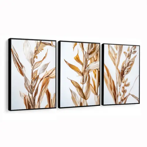 kit 3 quadro decorativo  folhas douradas folhagem dourada galhos luxo decor sala escritório com molduras