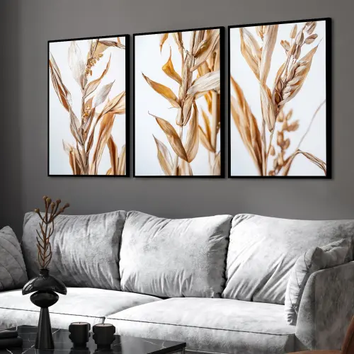 kit 3 quadro decorativo  folhas douradas folhagem dourada galhos 