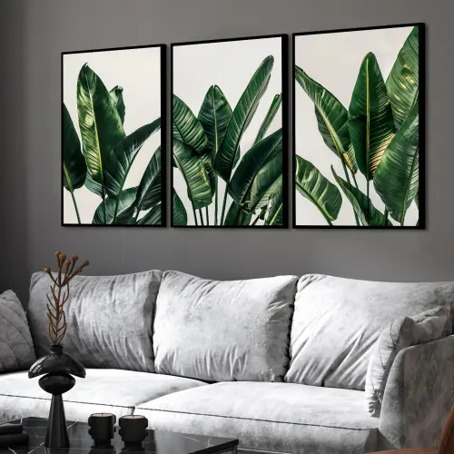 kit 3 quadro decorativo bananeira folhas verdes galhos de bananeira sala quarto decor casa minimalista moldura