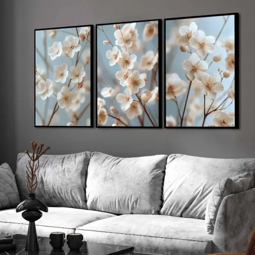 kit 3 quadro decorativo flores de cerejeira galhos de cerejeira decor casa quarto sala com molduras