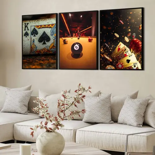 kit 3 quadro decorativo baralho jogo de cartas sinuca decor sala 
