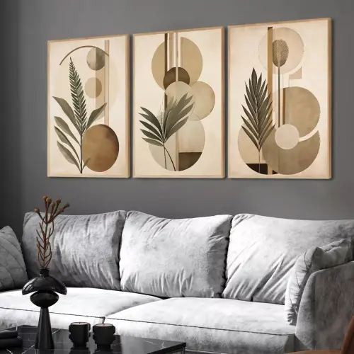 kit 3 quadro decorativo tons pastéis abstrato folhas verdes luxo decor sala escritório com molduras