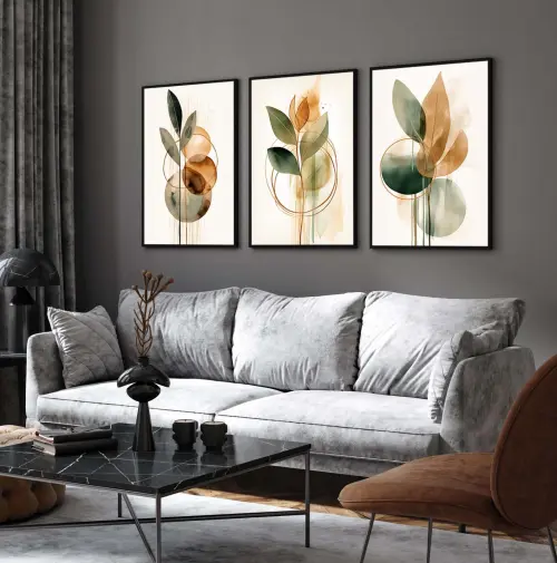 kit 3 quadro decorativo galhos folhas coloridas gold luxo decor sala escritório com molduras