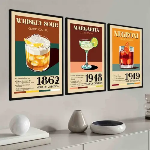 kit 3 quadro decorativo drinks bar bebidas decor para cozinha com molduras
