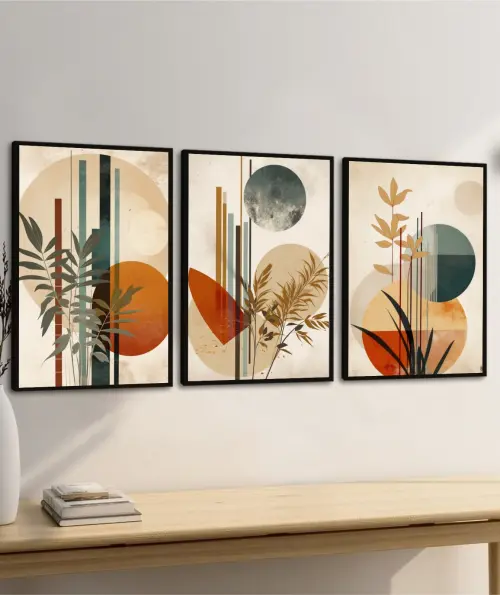 kit 3 quadro decorativo tons pastéis boho abstrato folhas verdes