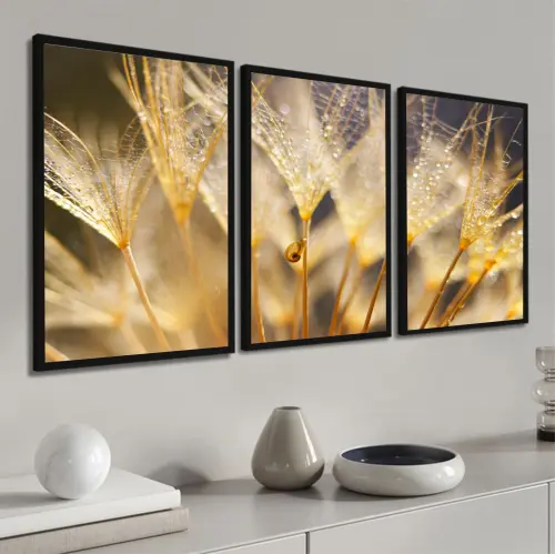kit 3 quadro decorativo flor dente de leão sala flor amarela quarto decor pousada casa com molduras