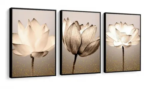 kit 3 quadro decorativo flores bege trio claras folhas tons pastéis decor casa sala quarto com molduras