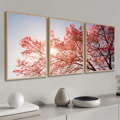 kit 3 quadro decorativo flores de cerejeira galhos de cerejeira decor casa quarto sala com molduras