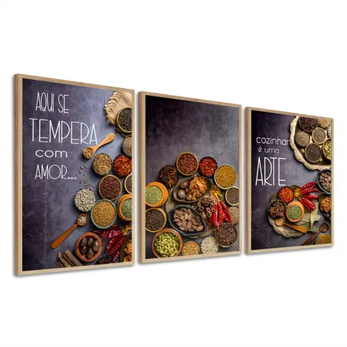 kit 3 quadro decorativo para cozinha temperos de comida chefe de 