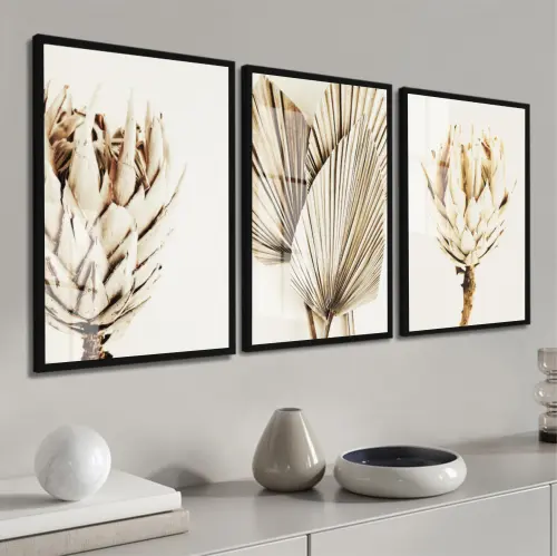 kit 3 quadro decorativo capim dos pampas galhos de trigo boho sala decor casa com molduras