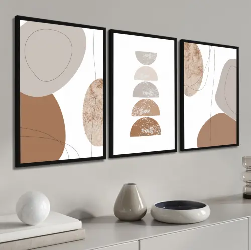 kit 3 quadro decorativo abstrato marrom claro gold claro minimalista  sala decor hall da casa com molduras