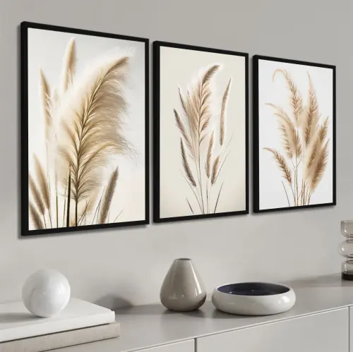 kit 3 quadro decorativo capim dos pampas galhos de trigo boho sal