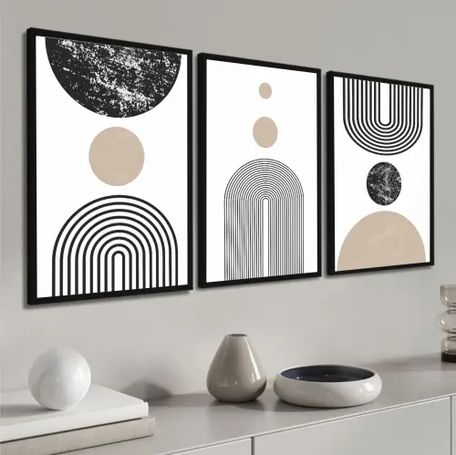 kit 3 quadro decorativo abstrato bege claro minimalista  sala decor casa luxo com molduras