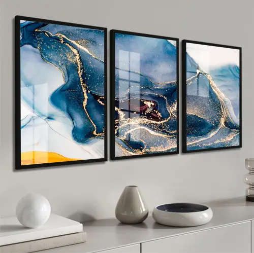 kit 3 quadro decorativo abstrato azul dourado gold luxo decor sal