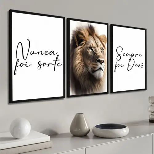 kit 3 quadro decorativo leão marrom deus leão de juda frase nunca foi sorte sempre foi deus com molduras