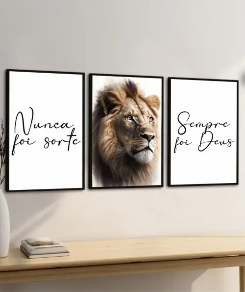 kit 3 quadro decorativo leão marrom deus leão de juda frase nun