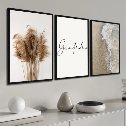 kit 3 quadro decorativo gratidão capim dos pampas galhos de trigo boho sala decor casa com molduras