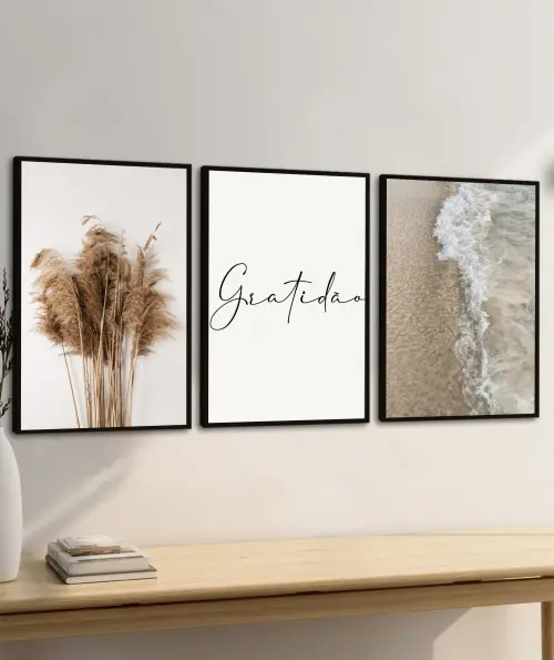 kit 3 quadro decorativo gratidão capim dos pampas galhos de trig