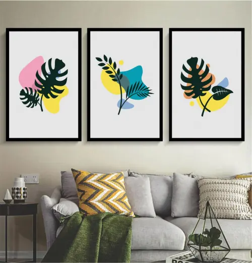 kit 3 quadro decorativo costela de adão monstera folhagem sala quarto decor colorida sítio casa com molduras