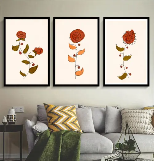kit 3 quadro decorativo flores rosa vermelha galhos decor casa quarto sala com molduras