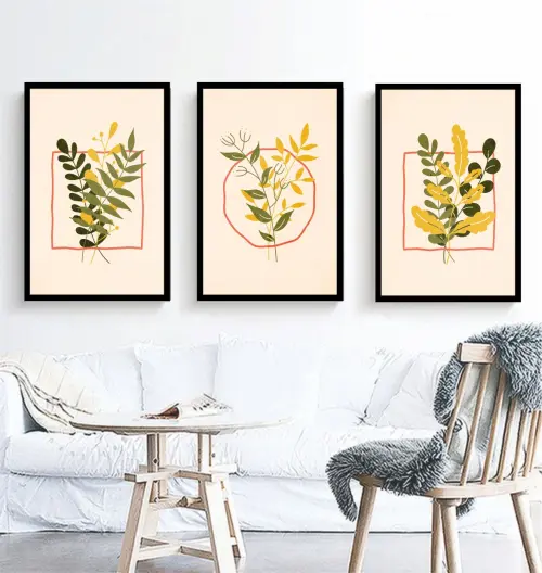 kit 3 quadro decorativo galhos folhagem amarela seca natureza cam
