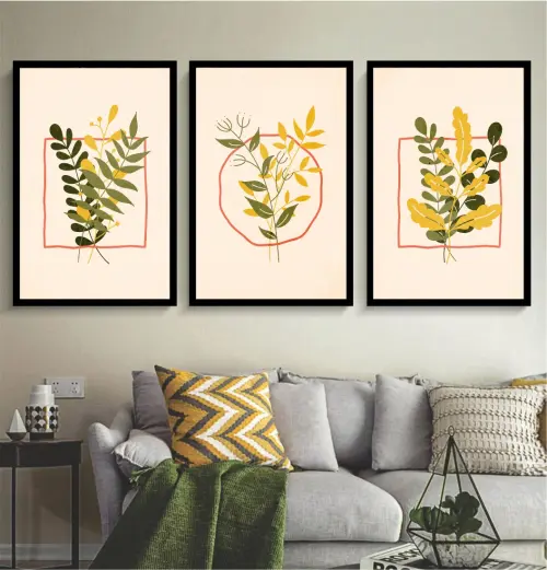 kit 3 quadro decorativo galhos folhagem amarela seca natureza campo sítio fazenda casa decor quarto sala com molduras