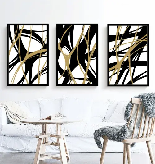 kit 3 quadro decorativo abstrato preto dourado mármore trio luxo