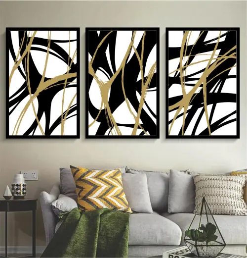 kit 3 quadro decorativo abstrato preto dourado mármore trio luxo decor sala escritório com molduras