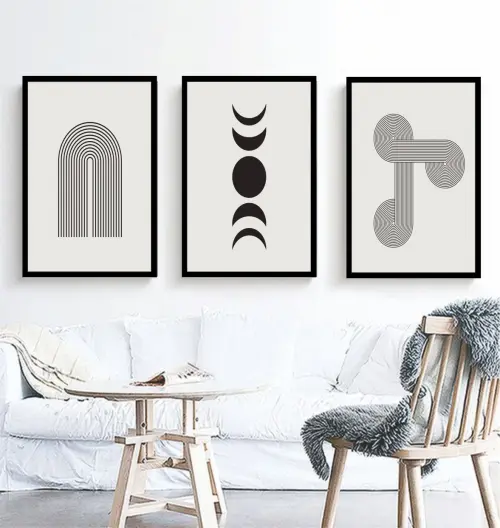 kit 3 quadro decorativo abstrato preto e branco mármore trio lux