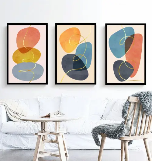 kit 3 quadros decorativos abstrato geométrico colorido trio minimalista com molduras