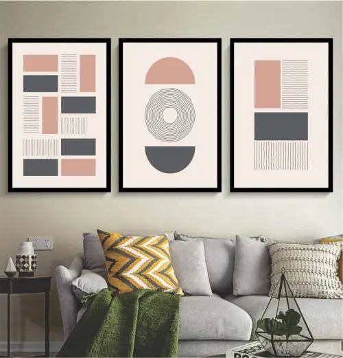 kit 3 quadro decorativo abstrato bege claro gold listras claro minimalista  sala decor hall da casa com molduras