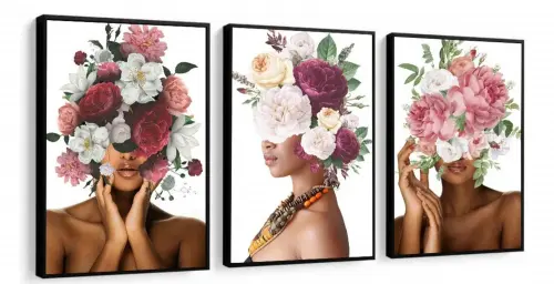 kit 3 quadro decorativo mulheres floridas flores fashion decor salão de beleza com molduras